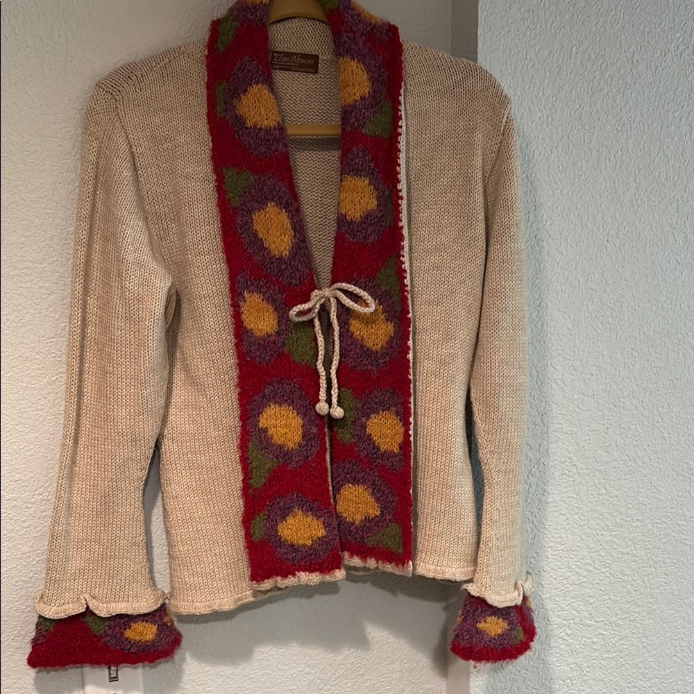 Cozy Cream and Red Baby Alpaca Cardigan with Decorative Trim